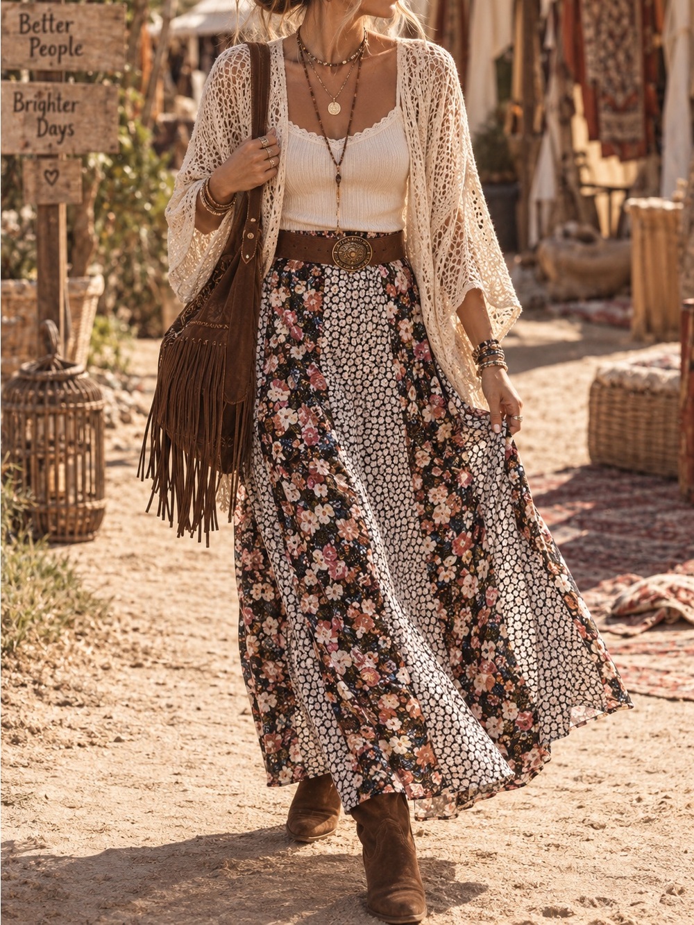 Pieces Patchwork Floral Midi Skirt Women's M Boho Chic